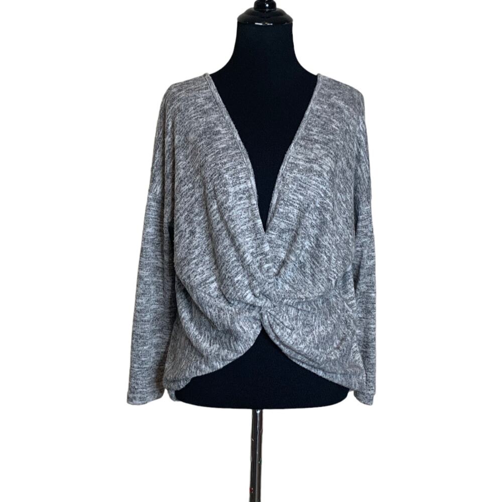 Love Cameron gray front twist knot plunge neck sweater size M